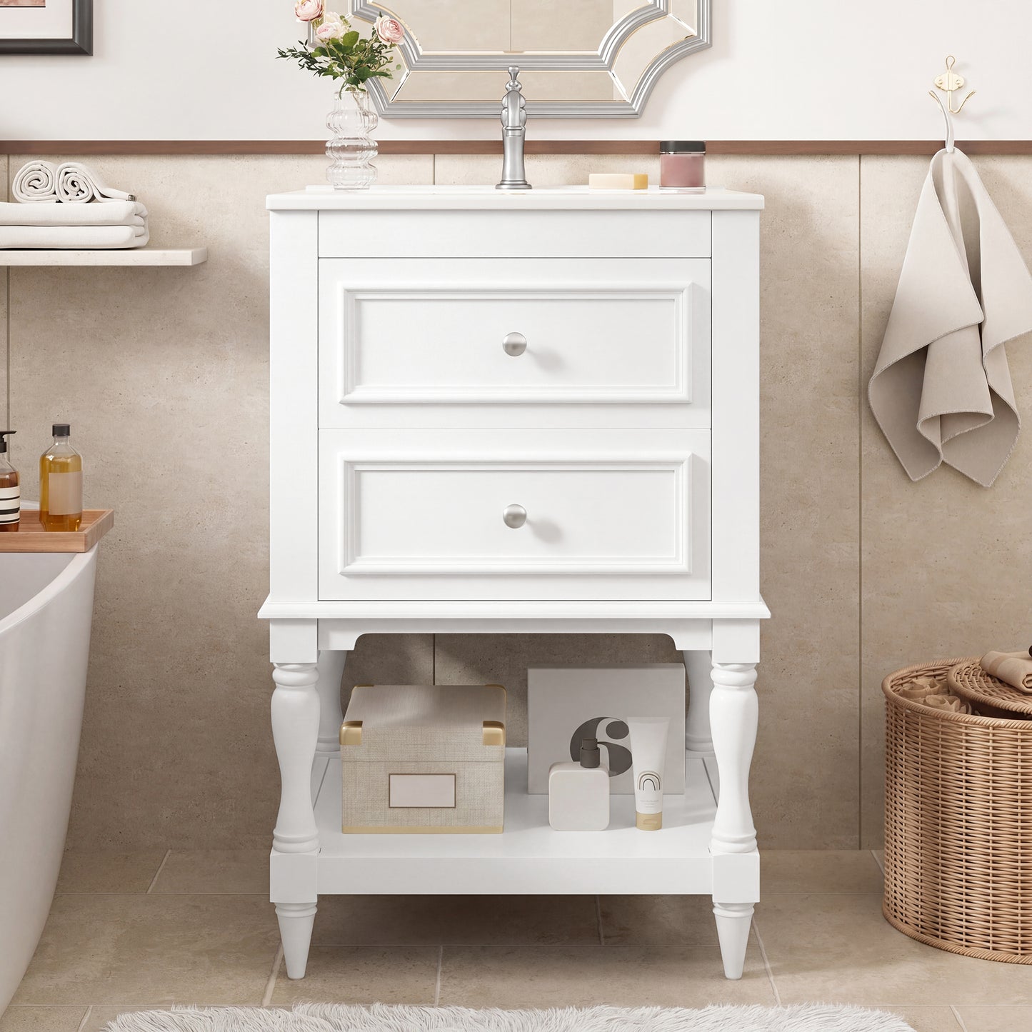 20'' Bathroom Vanity with Ceramic Sink, Bathroom Storage Cabinet with Open Shelf, Retro Design Bathroom Cabinet with 2 Drawers image 3