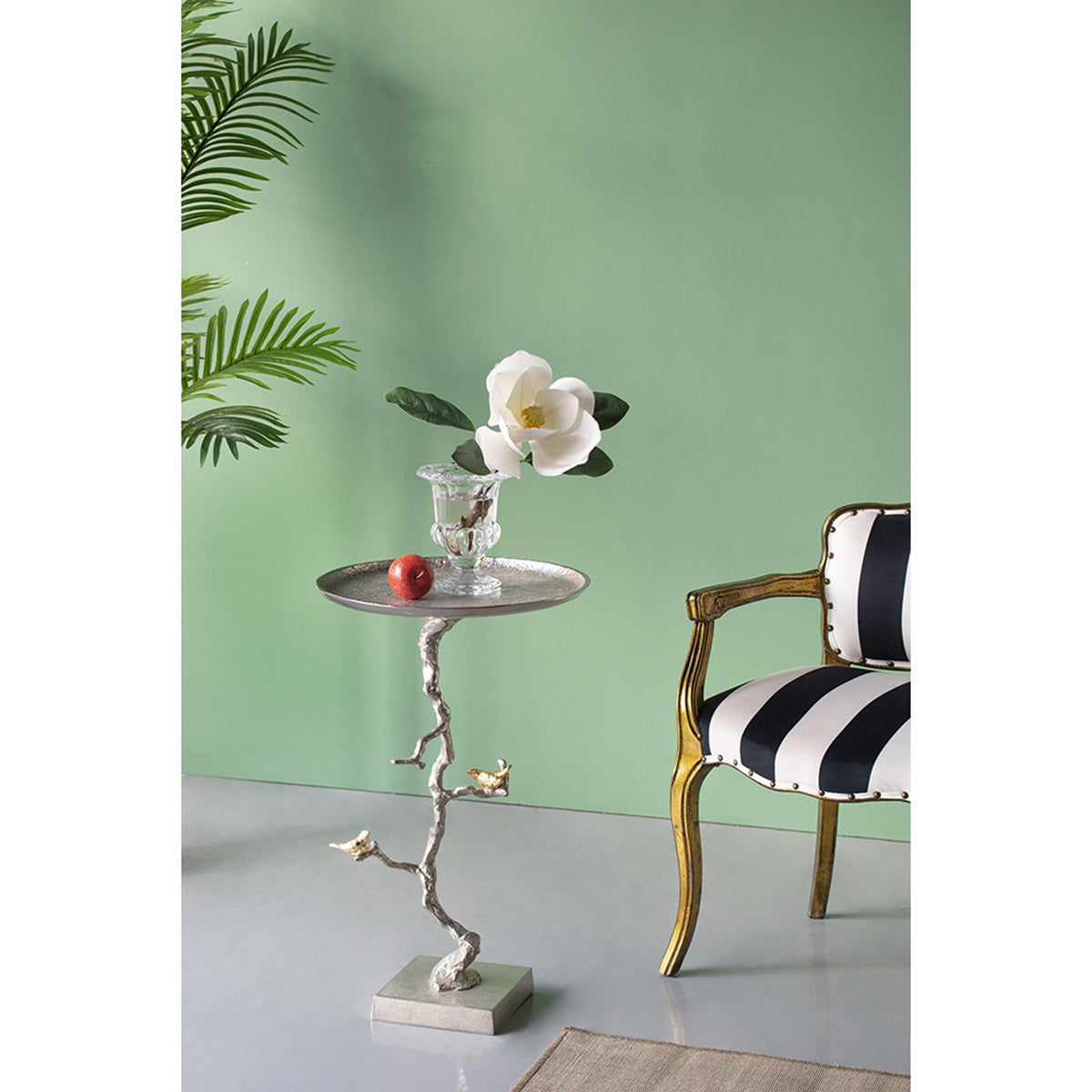 16.9x16.9x28" Round Aluminum Side Table with Silver Branch Design and Gold Bird Accents image 11