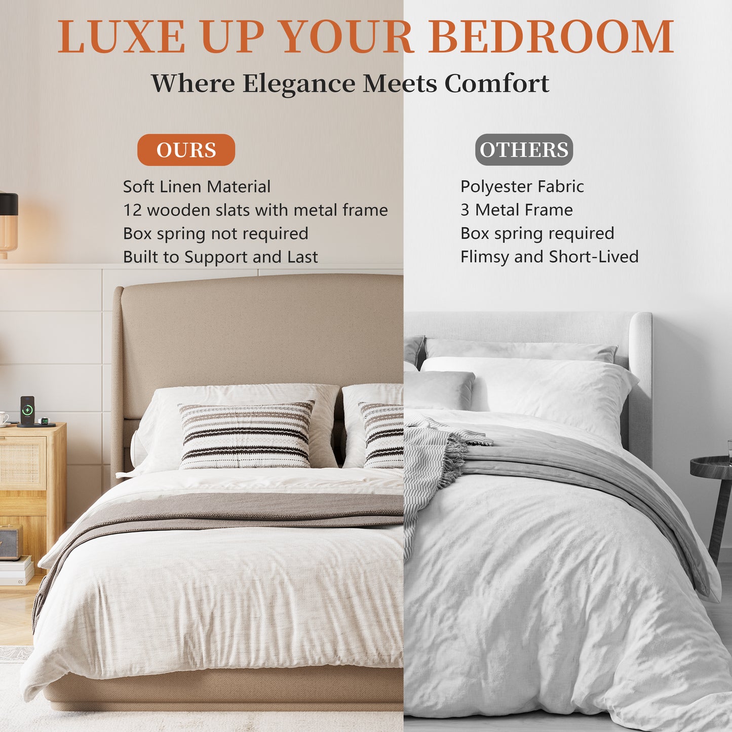 Upholstered Queen Bed Frame with Wingback Headboard, Low Profile Platform Bed with Padded Headboard, No Box Spring Needed, Easy Assembly, Elegant Linen Fabric, Brown image 5
