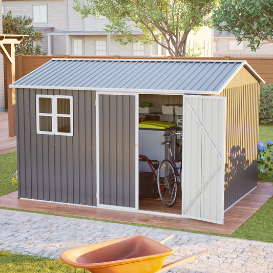 10'x8' Oversized Steel Storage Shed with Window, Lockable Doors & Sloped Roof, Heavy Duty Outdoor Tool Shed for Garden, Patio, Backyard, Lawn - Dark Gray image 1