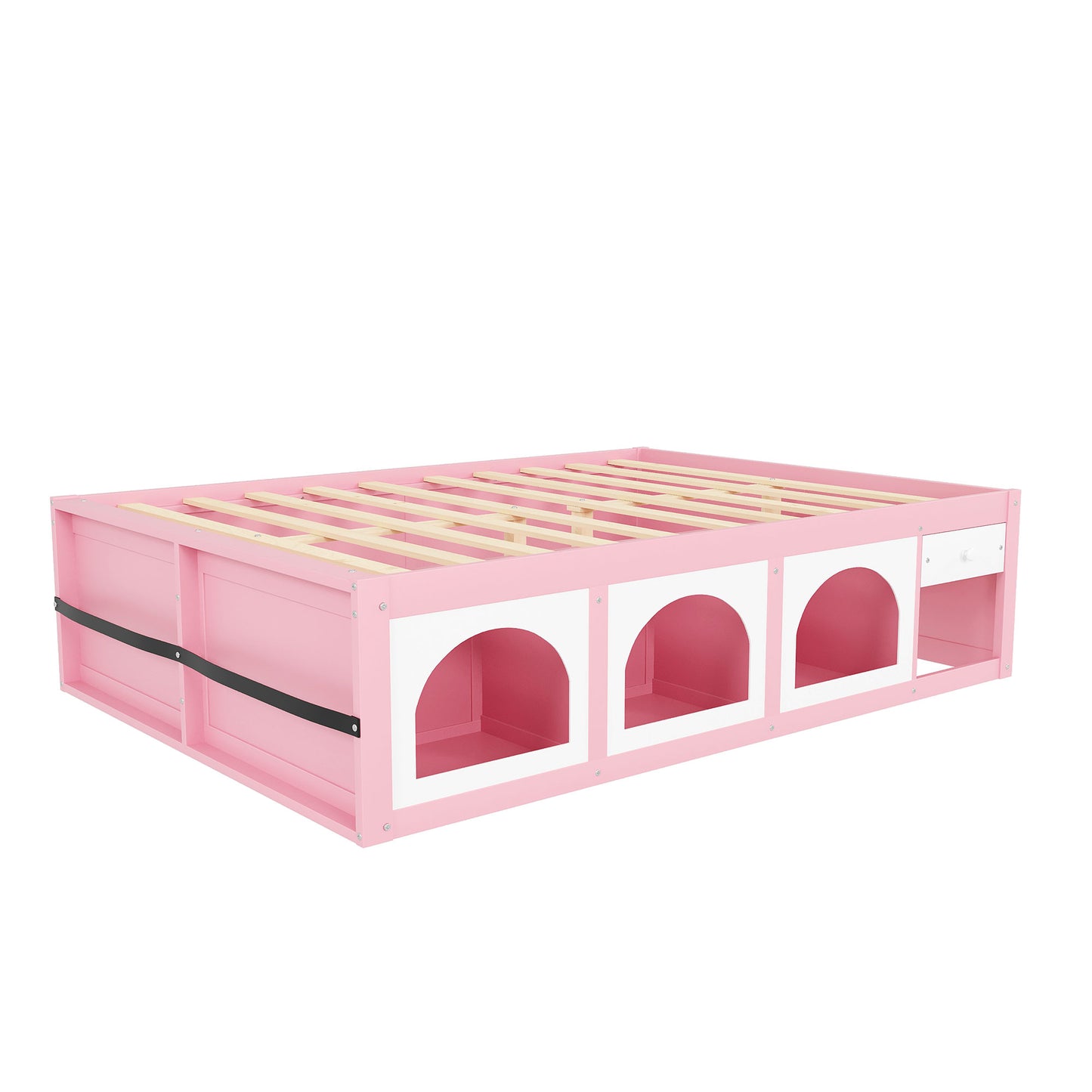 Queen Size Wooden Platform Bed with Bookshelf, Display Cabinet, LED Light and Drawer, Pink+White image 6