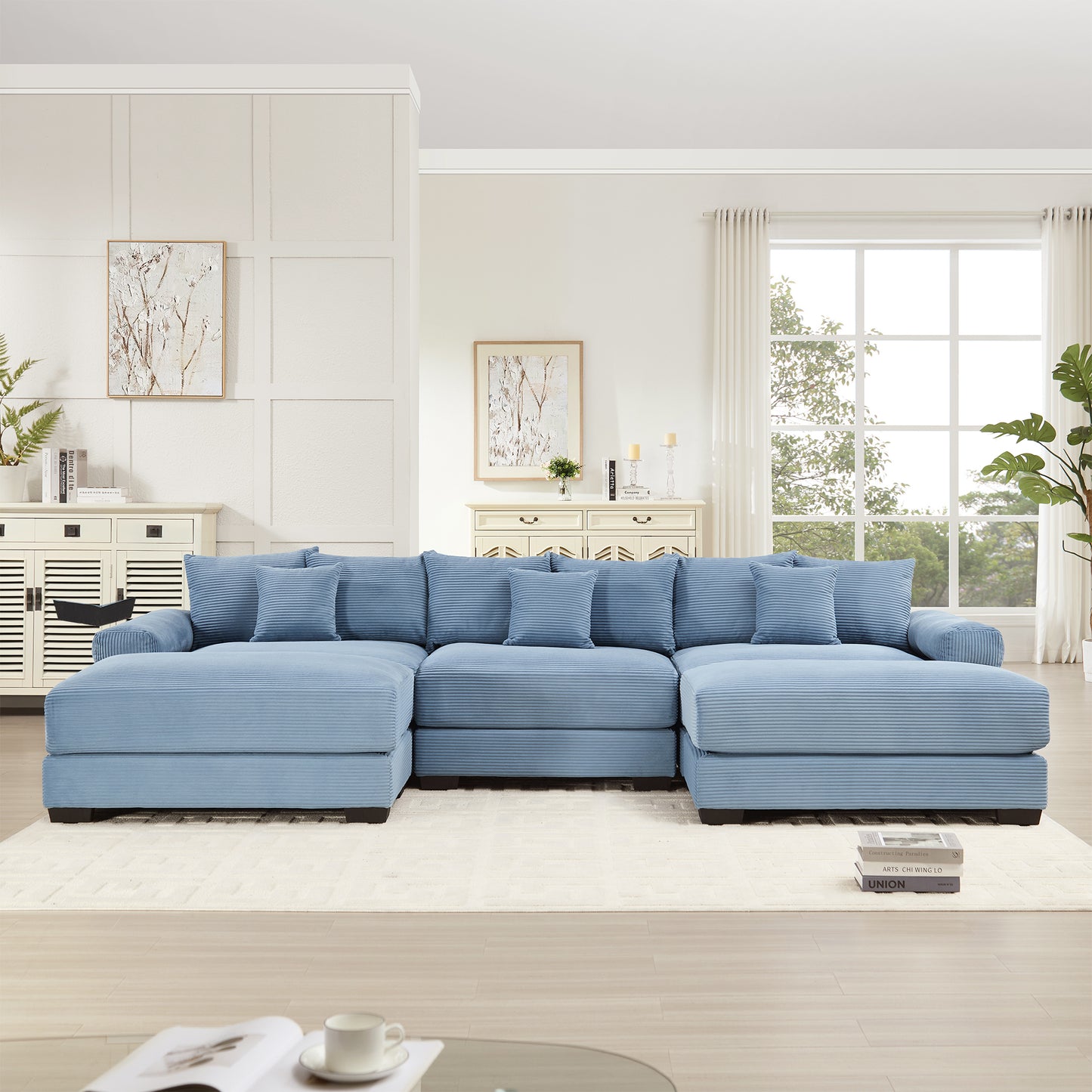 130" Oversized Cloud Modular Sectional Couch, Premium Corduroy Fabric,3-Seater Deep Seat Wide Armrests, With An Ottoman,Ergonomic Design, Easy Assembly For Lounges Living Room,Blue image 3