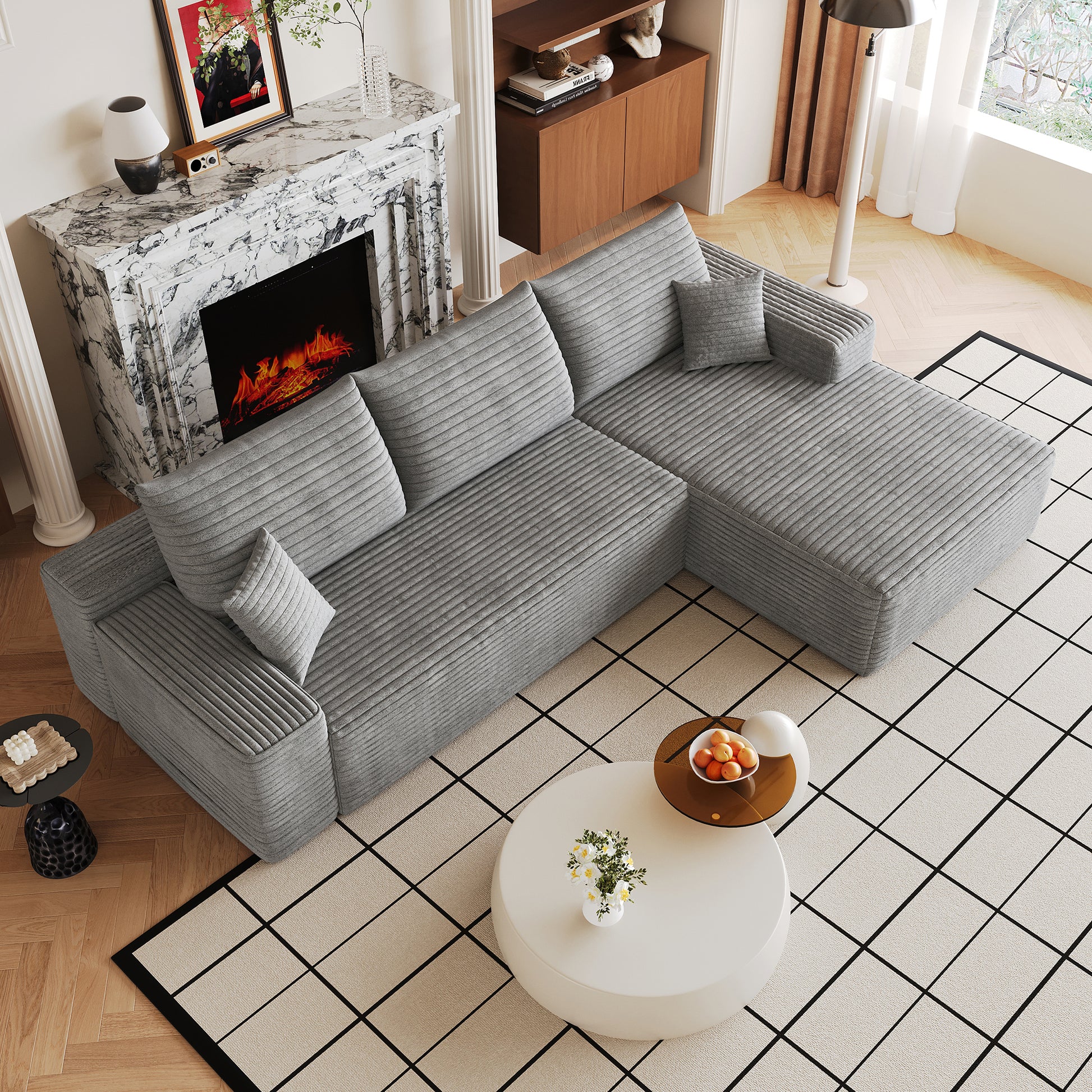 107" Cloud Sectional Couch with L-Shape Chaise,Modern Modular Sofa with Deep Seat, Upholstered Couches for Living Room Bedroom,No Assembly Required, Grey(Plush Corduroy Fabric) image 3