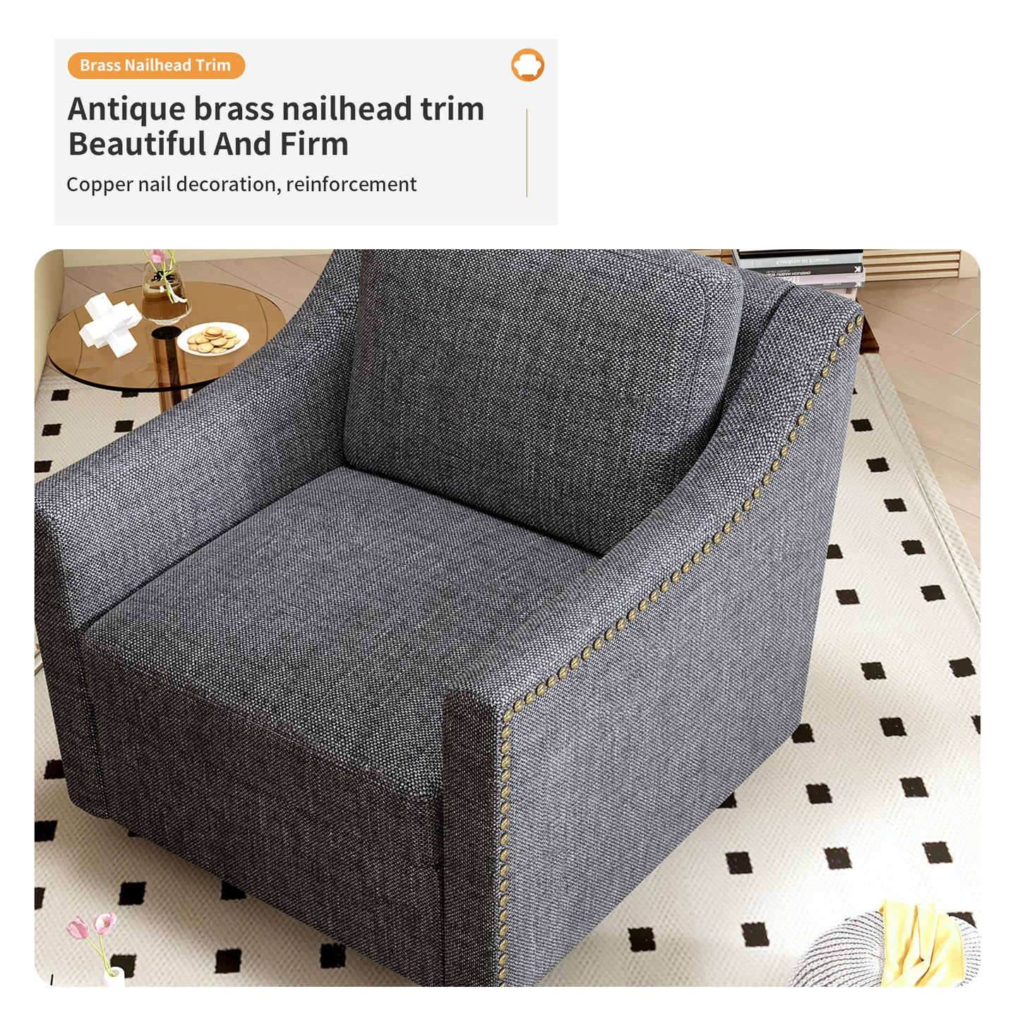 360 Degree Swivel Armchair Cotton linen skin-friendly fabric Ergonomic design Brass nail decorative armchair Living room chairs Bedroom chairs Living room chairs Black legs Suitable for indoor homes image 6