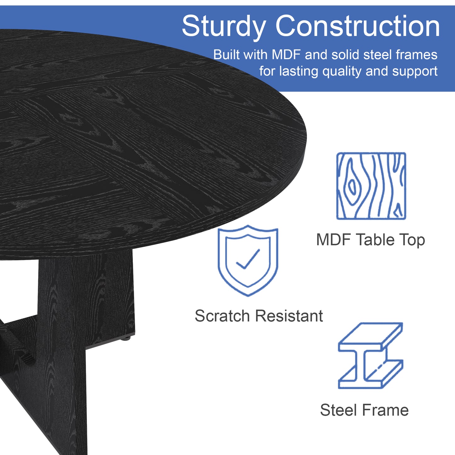 Spiced Round Dining Table for 4 - 47 Inch Farmhouse Kitchen Table, MDF Circle Table with Wood Grain Finish, 300lb Weight Capacity, Easy Assembly for Dining Room, Kitchen, Living Room -Black image 7