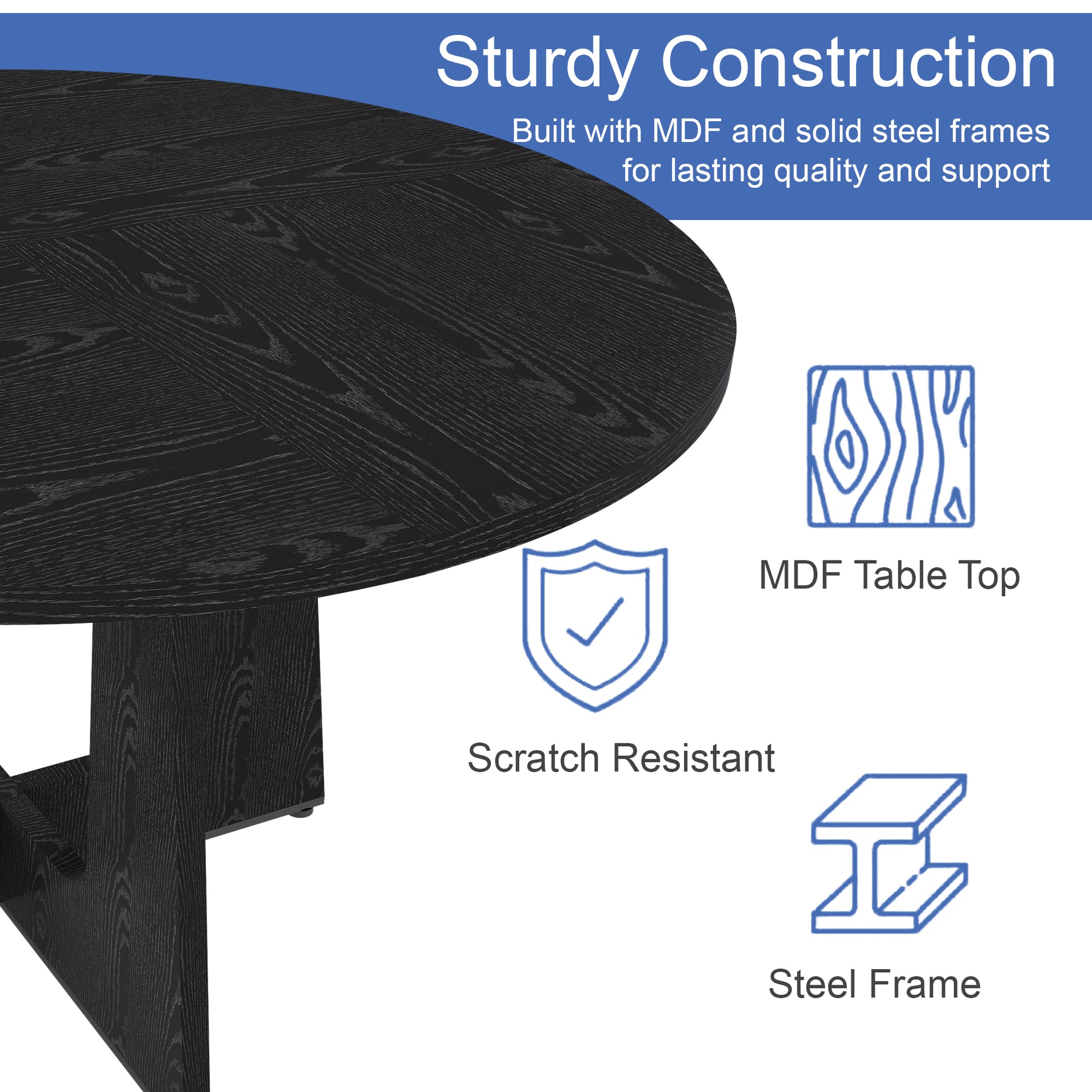 Spiced Round Dining Table for 4 - 47 Inch Farmhouse Kitchen Table, MDF Circle Table with Wood Grain Finish, 300lb Weight Capacity, Easy Assembly for Dining Room, Kitchen, Living Room -Black image 7