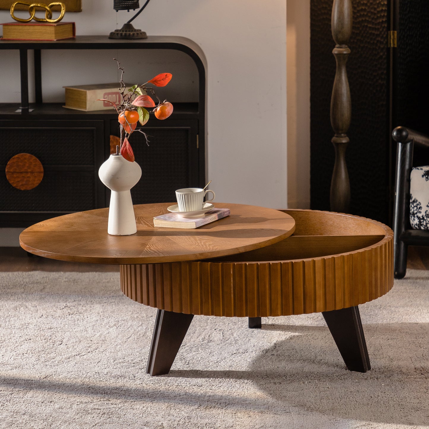 31.5" Retro Round Coffee Table with Storage Space, Suitable for Living Room and Office, Natural image 1