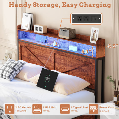 Full Size Bed Frame with Storage Headboard and LED Lights, Upholstered Platform Bed with Footboard Drawers, Sturdy Metal Slats, Noise-Free Mattress Support, No Box Spring Needed, Brown image 4