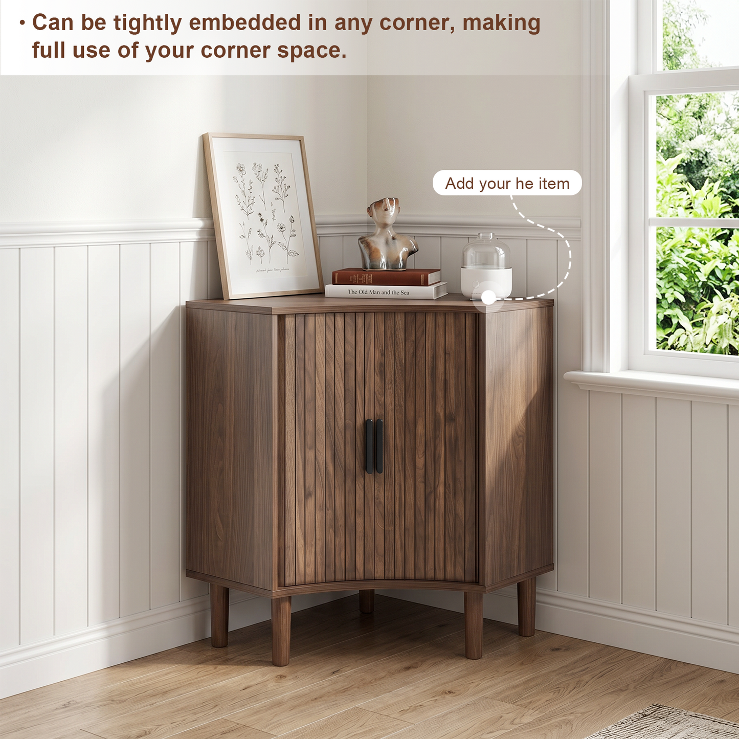 Fluted Corner Cabinet, Small Corner Floor Cabinet with Sliding Doors and Adjustable Shelves, Modern Wooden Freestanding Narrow Storage Cabinet for Small Space,Living Room,Dining Room,Bathroom, Walnut image 6