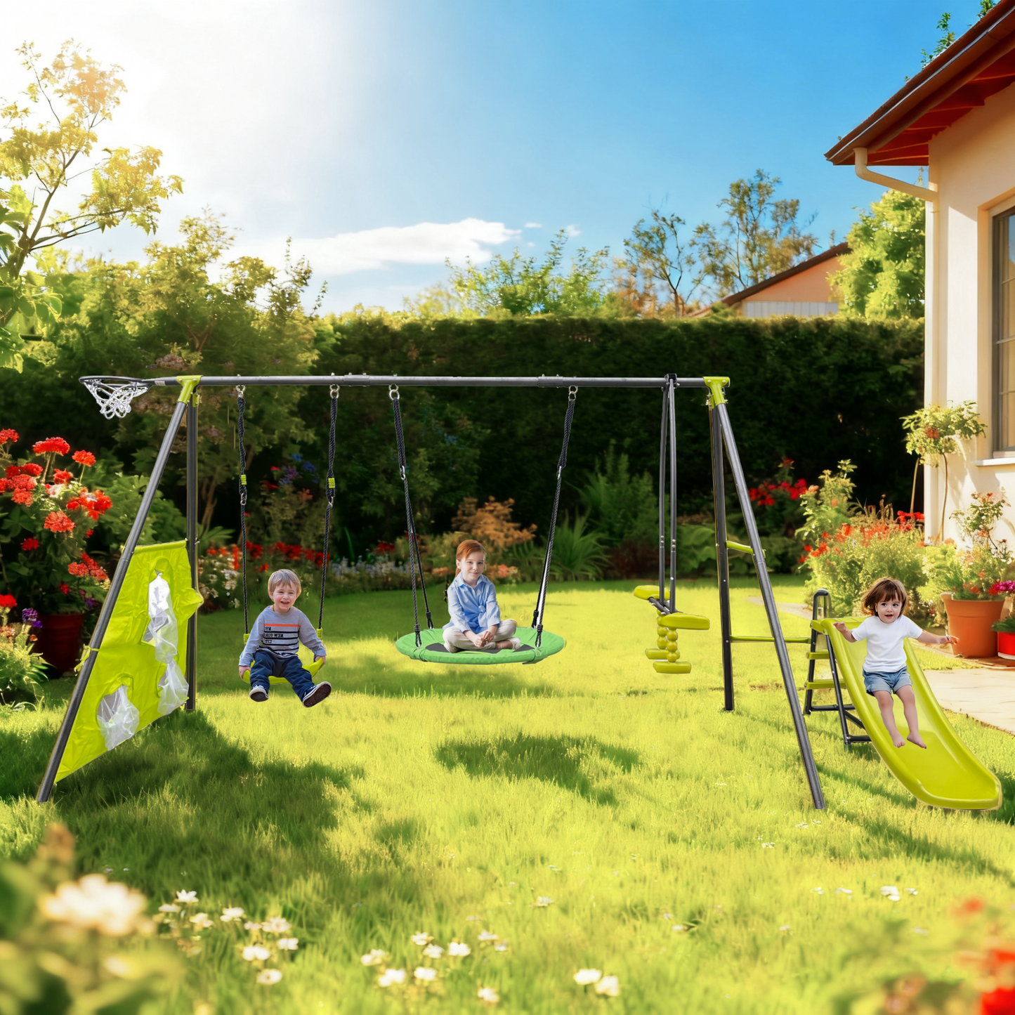 XNS052 green and blue interesting six function swingset with net swing metal plastic safe swing set 440lbs for outdoor playground for age 3+ with 31.5in net swing image 9
