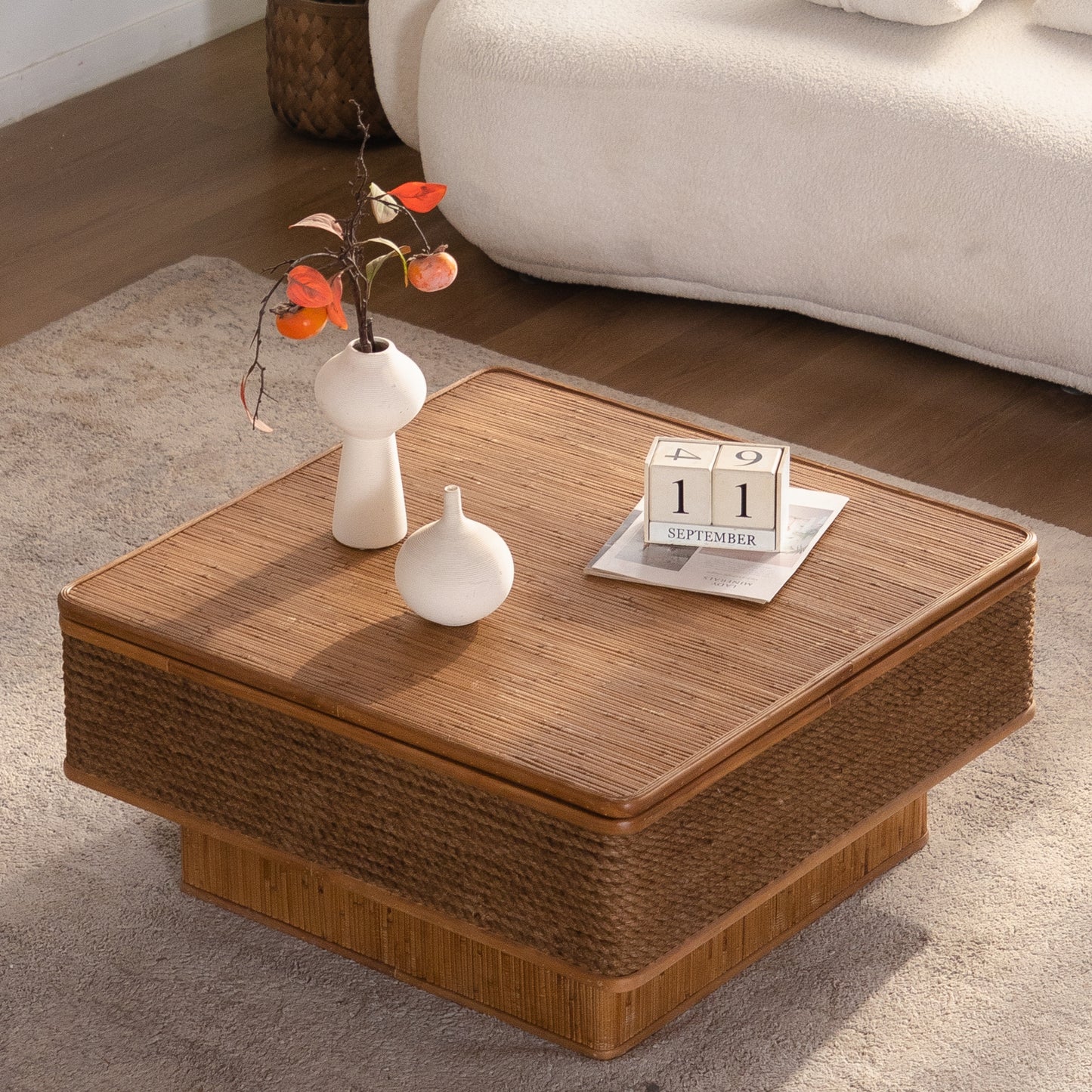 31.52"Square Rattan + Hemp Rope Coffee Table With Adjustable Storage Function, Featuring A Vintage Natural Style,for Dining Room, Kitchen And Living Room,Natural image 2