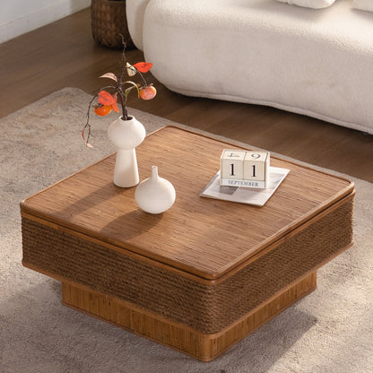 31.52"Square Rattan + Hemp Rope Coffee Table With Adjustable Storage Function, Featuring A Vintage Natural Style,for Dining Room, Kitchen And Living Room,Natural image 2