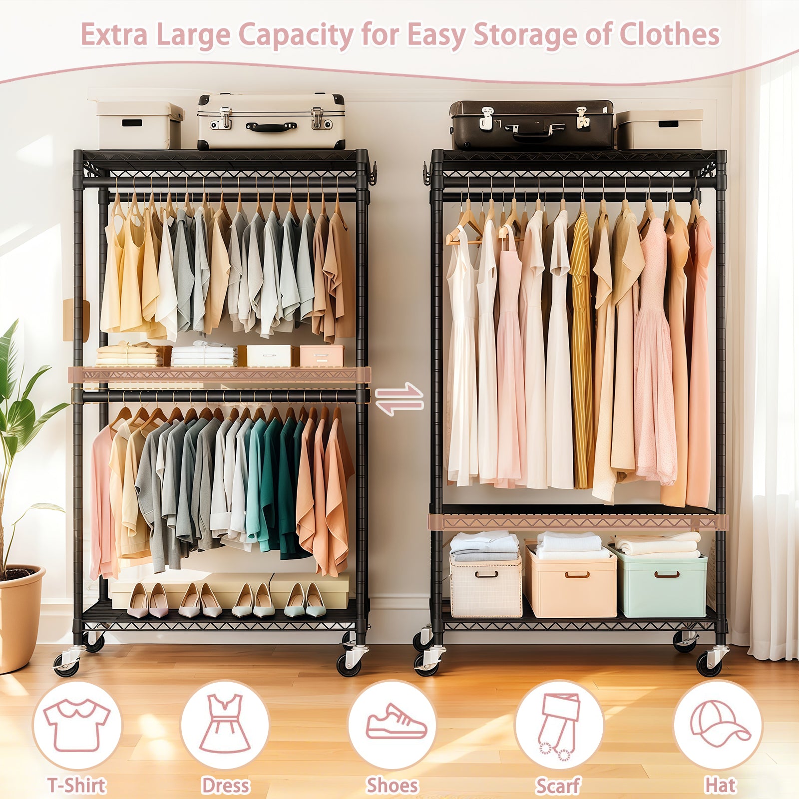 Rolling Clothes Rack, Heavy Duty Clothes Rack with Wheels, 3 Tiers Adjustable Wire Shelving Clothes Rack with 2 Clothes Rails and Side Hooks, Portable Closet Organizer, 35.43''×17.13D''×70.87''H,Black image 2