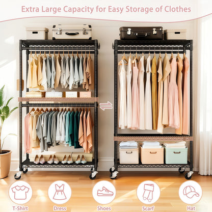 Rolling Clothes Rack, Heavy Duty Clothes Rack with Wheels, 3 Tiers Adjustable Wire Shelving Clothes Rack with 2 Clothes Rails and Side Hooks, Portable Closet Organizer, 35.43''×17.13D''×70.87''H,Black image 2