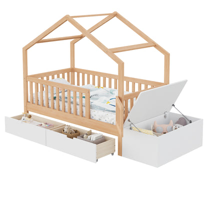 Toddler Bed with Storage Drawers & Lift-Top Chest, Solid Wood Bed with Safety Railings & Gate, Playhouse Bed Frame for Kids, Compatible with standard US toddler mattresses, Natural Wood & White image 11
