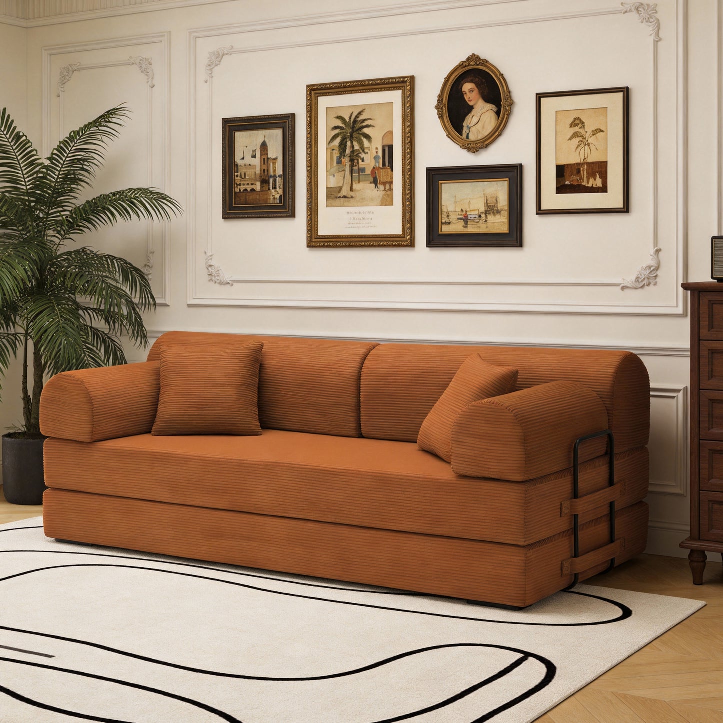 Convertible Sleeper Sofa Bed,Corduroy Folding Mattress Couch with Fixed-Shape Frame, Floor Sofa Lounge Couch for Living Room Bedroom(orange) image 1