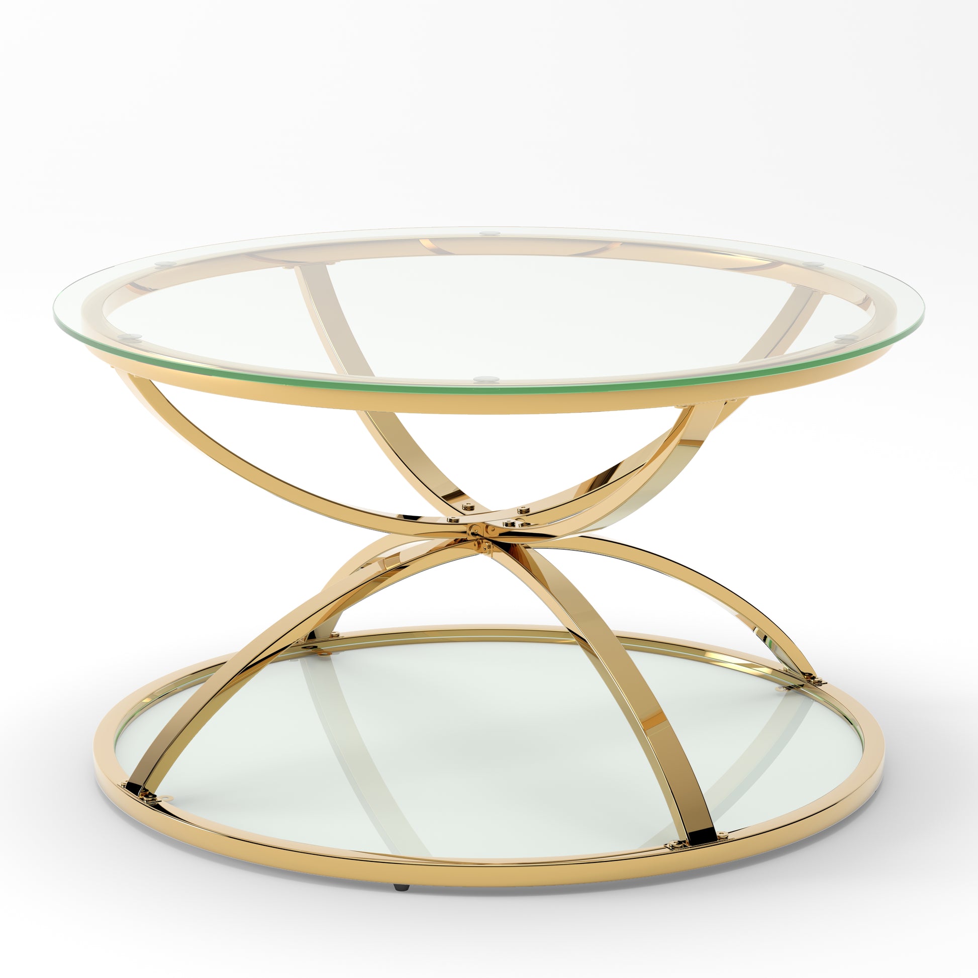 31.50'' Modern Glass Coffee Table with 2 Tiers, Ring-Shaped Frames, Metal Frame and Clear Tempered Glass, Round Coffee Table for Living Room, Bedroom and Office, Gold image 5