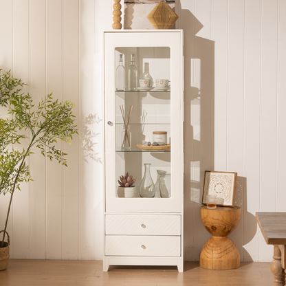 71'' Freestanding Upholstered Display Cabinet, Upholstered Glass Door Cabinet with Ceiling Light,Wine Cabinet with Adjustable Shelves, for Livingroom, Kitchen, Bar & Dining Room - White image 8