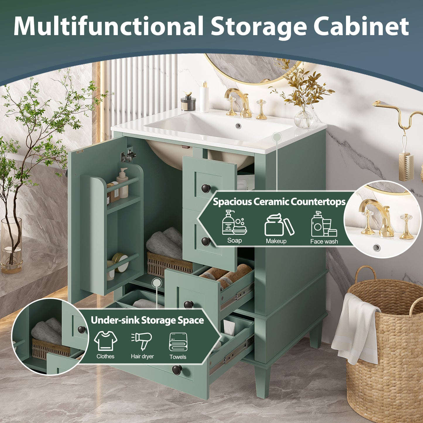 24-inch light green bathroom vanity with an integrated ceramic basin, featuring a door-mounted double-layer shelf, soft-close drawers, and a soft-close cabinet door image 4
