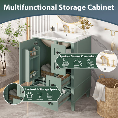 24-inch light green bathroom vanity with an integrated ceramic basin, featuring a door-mounted double-layer shelf, soft-close drawers, and a soft-close cabinet door image 4