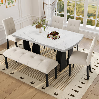 6 Piece Modern Dining Table Set, 63" Faux Marble Dining Table with Geometric Legs & 4 Upholstered Chairs & 1 Bench, Suitable for Dining Kitchen Room,Easy to Assemble, Beige + White image 1