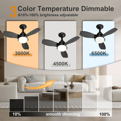 24.4" Black Ceiling Fan with Light, 3 Blades, 6-Speed Reversible Quiet DC Motor, Dimmable LED, APP & Remote Control, Flush Mount for Bedroom Living Room Covered Patio image 2