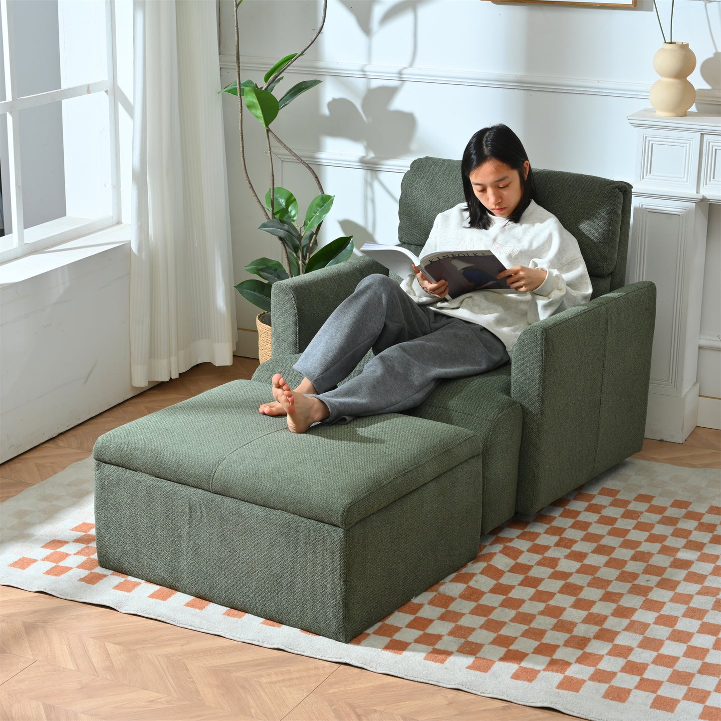 Oversized Chair w/Storage Ottoman, Wide Accent Armchair Chair for Living Room, Modern Lounge Chair, Upholstered Mid-Century Reading Chair, Comfy Living Room Chair, Deep Seat Sofa Couch(Dark Green) image 1