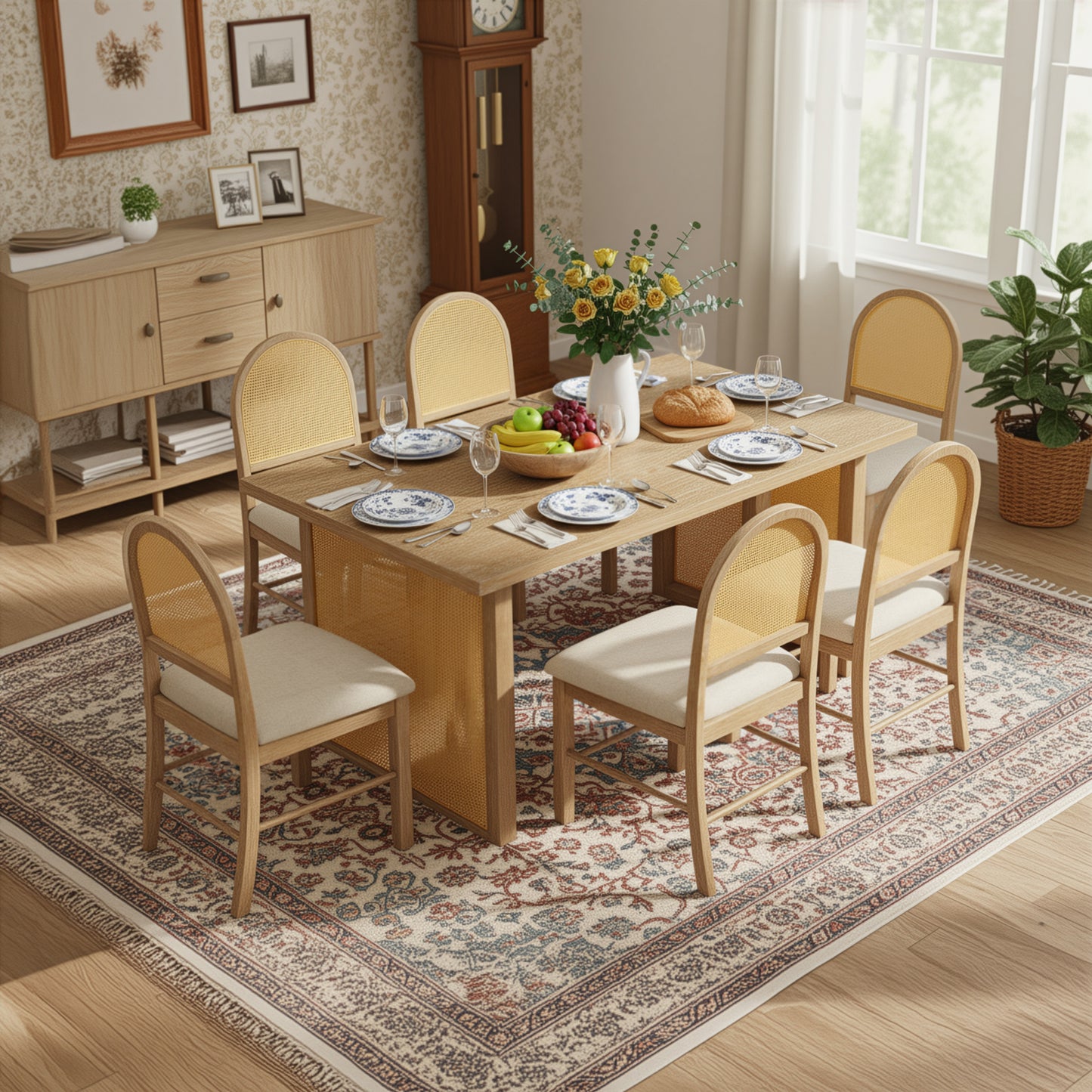 TREXM 7-Piece Farmhouse Dining Table Set for 6 - 59.8" Rectangular Dining Table with Distressed Oak Veneer and 6 Rattan Chairs, Rustic Kitchen Furniture for Dining Room(Natural) image 2
