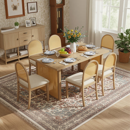 TREXM 7-Piece Farmhouse Dining Table Set for 6 - 59.8" Rectangular Dining Table with Distressed Oak Veneer and 6 Rattan Chairs, Rustic Kitchen Furniture for Dining Room(Natural) image 2