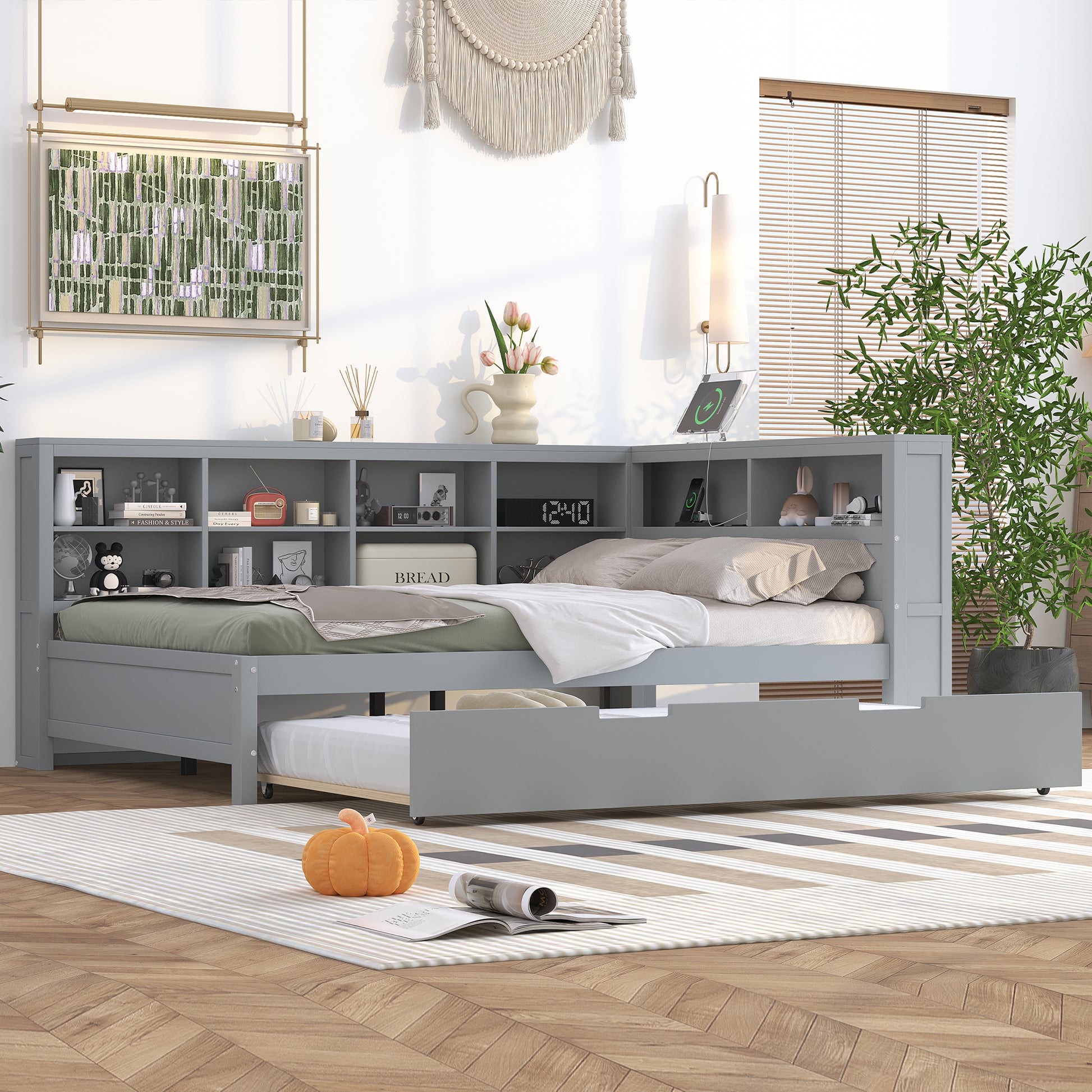 Wooden Full Size DayBed with Twin Size Trundle, DayBed with Storage Shelf and USB Charging Ports,Grey(Old SKU: HL000075AAE) image 5