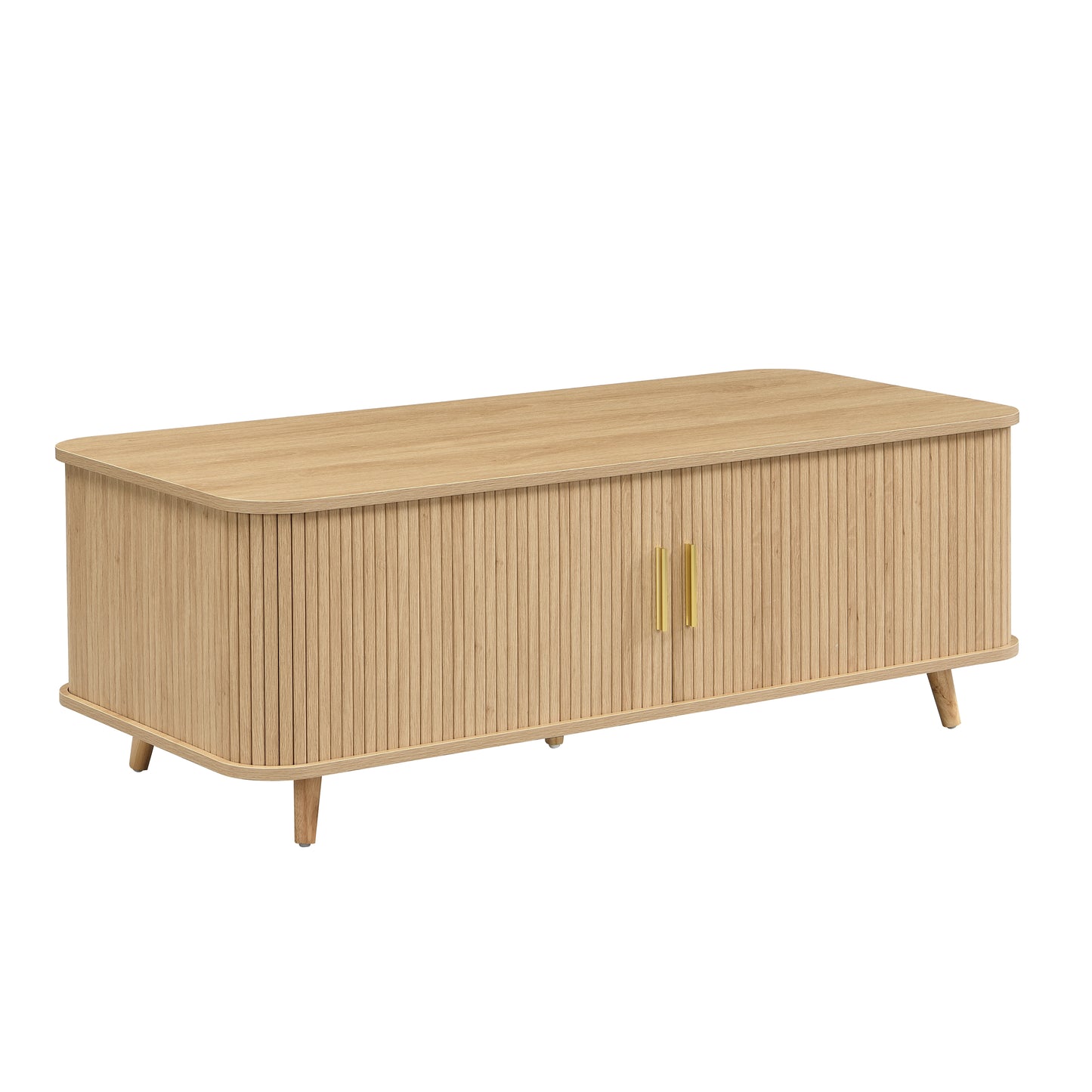 Modern Mid-Century Coffee Table with Storage: Natural Wood Finish, 4 Open Shelves & 2 Doors, For Living Room, Entertainment Center, Home Theater image 5