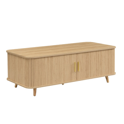 Modern Mid-Century Coffee Table with Storage: Natural Wood Finish, 4 Open Shelves & 2 Doors, For Living Room, Entertainment Center, Home Theater image 5