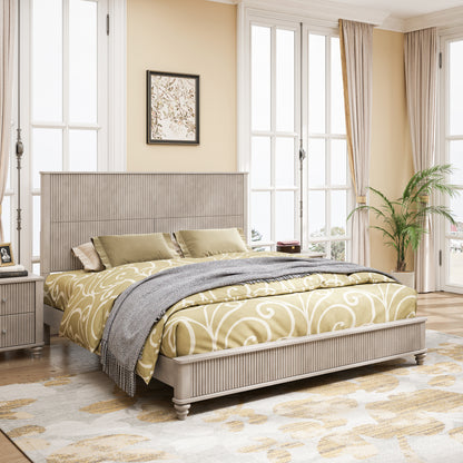 Solid Wood Bed Frame,King Platform Bed Frame with Headboard,Tall Headboard Natural Wood Bed,No Box Spring Needed,Beige image 2
