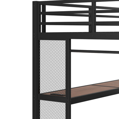 Full Loft Bed with Desk and Storage Stairs, Metal Loft Beds with LED Lights, USB Ports, Multifunctional Iron Nets, No Spring Box Needed and Noise-free, Black image 8