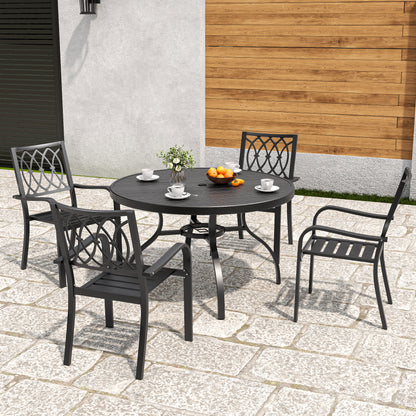 Round Faux Wood Slat Patio Table 47" with Umbrella Hole, Realistic Wood Grain Top + Matte Black High-Quality Iron Legs, Rust-Resistant Outdoor Dining Table for Garden Patio Balcony image 7