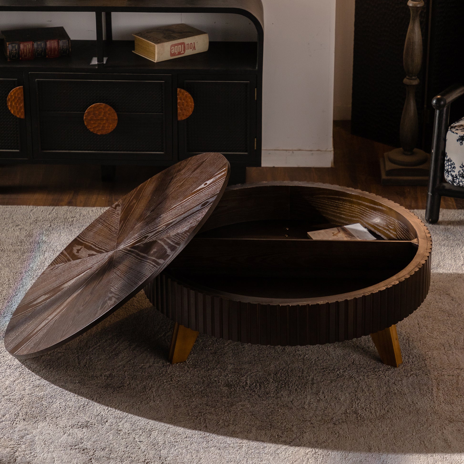 39.37" Retro Round Coffee Table with Storage Space, Suitable for Living Room and Office, Brown image 8