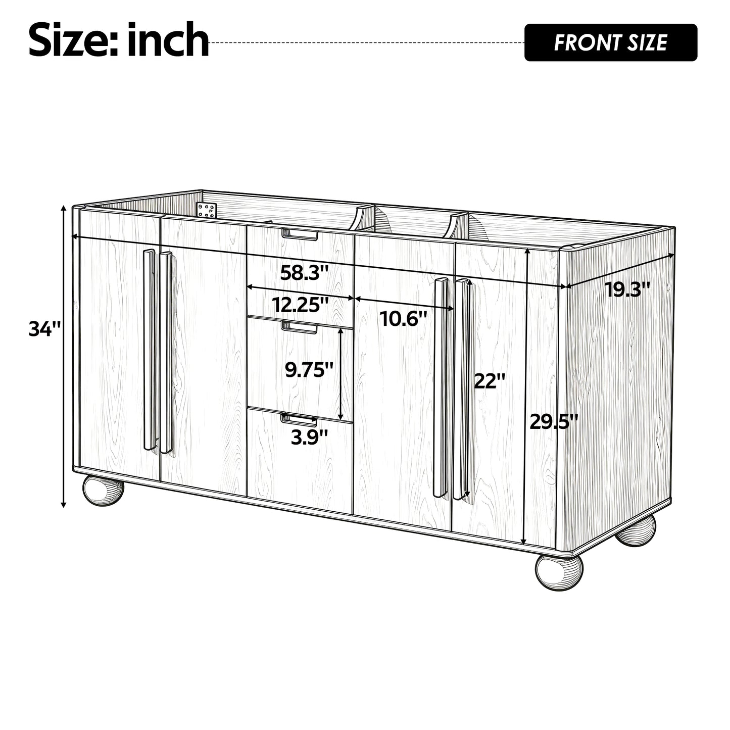 [Cabinet Only] 58.3" Bathroom Vanity Cabinet Only Without Vanity Top, 3 Drawers & 4 Doors, All Soft-Close, Adjustable Shelf, Wood Color image 3