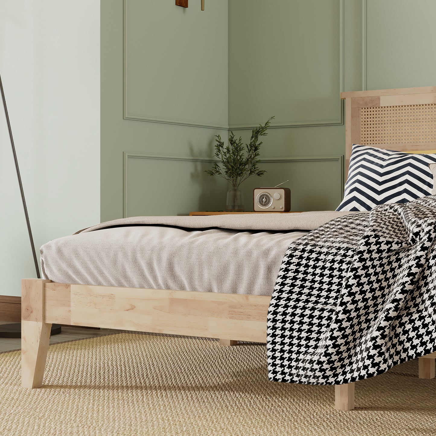 King Size Solid Wood Bed with Rattan Headboard, Rubber Wood Bed with Central Support Beams and Enhanced Feet,Natural image 9