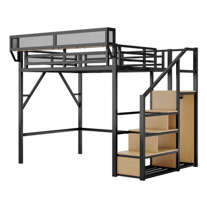 Full Size Loft Bed with Stairs, Metal Full Loft Bed with Storage Shelves, High Loft Bed with Wardrobe for Kids Teens, Black(Old SKU W2580S00029) Patent Products image 5