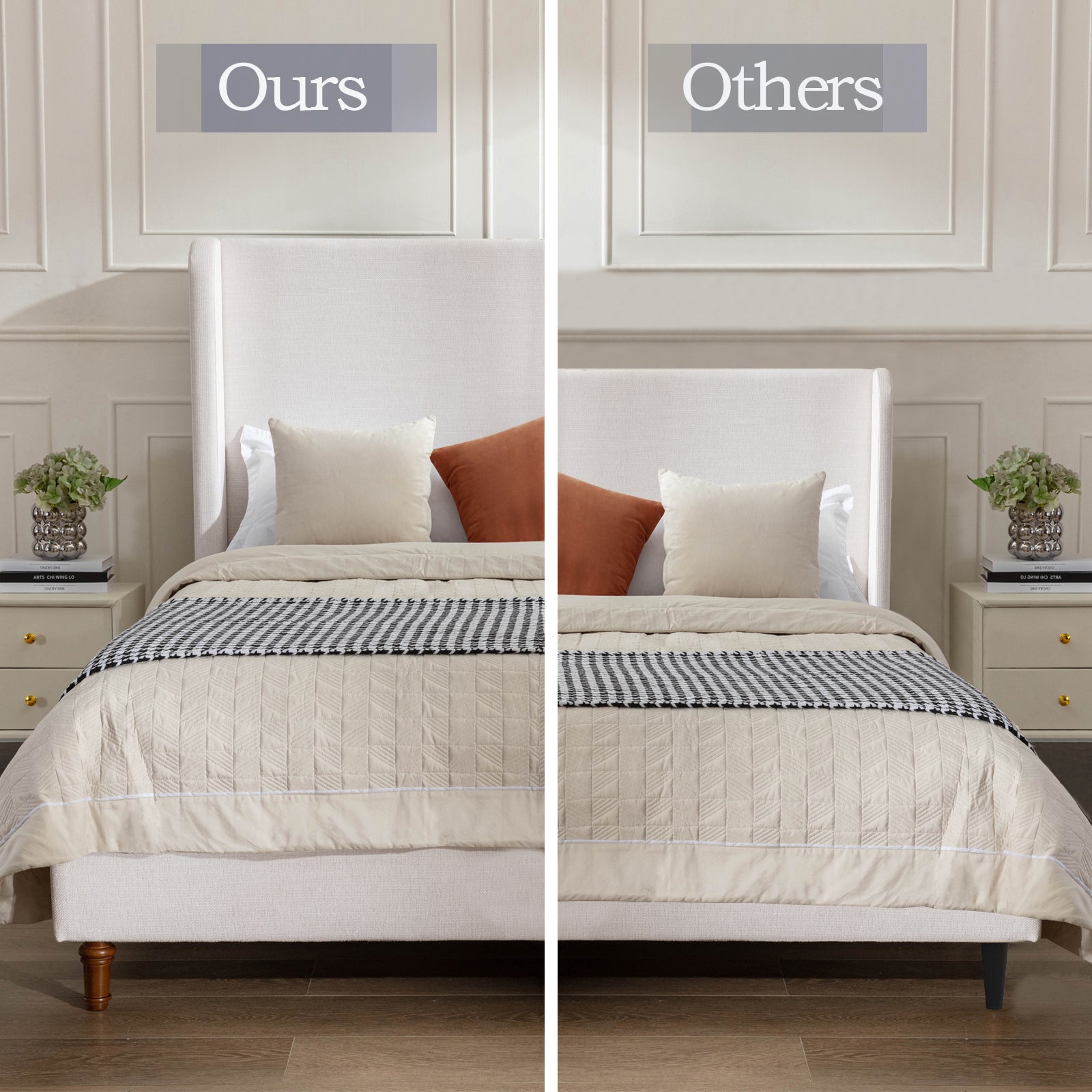 Hayden Upholstered Wingback Bed Size King / Tall 54" Headboard Upholstered King Bed / Without Wooden Slats / Box Spring Required / King / Textured Ivory Canvas / Elegant Simplicity / Easy Assembly image 10