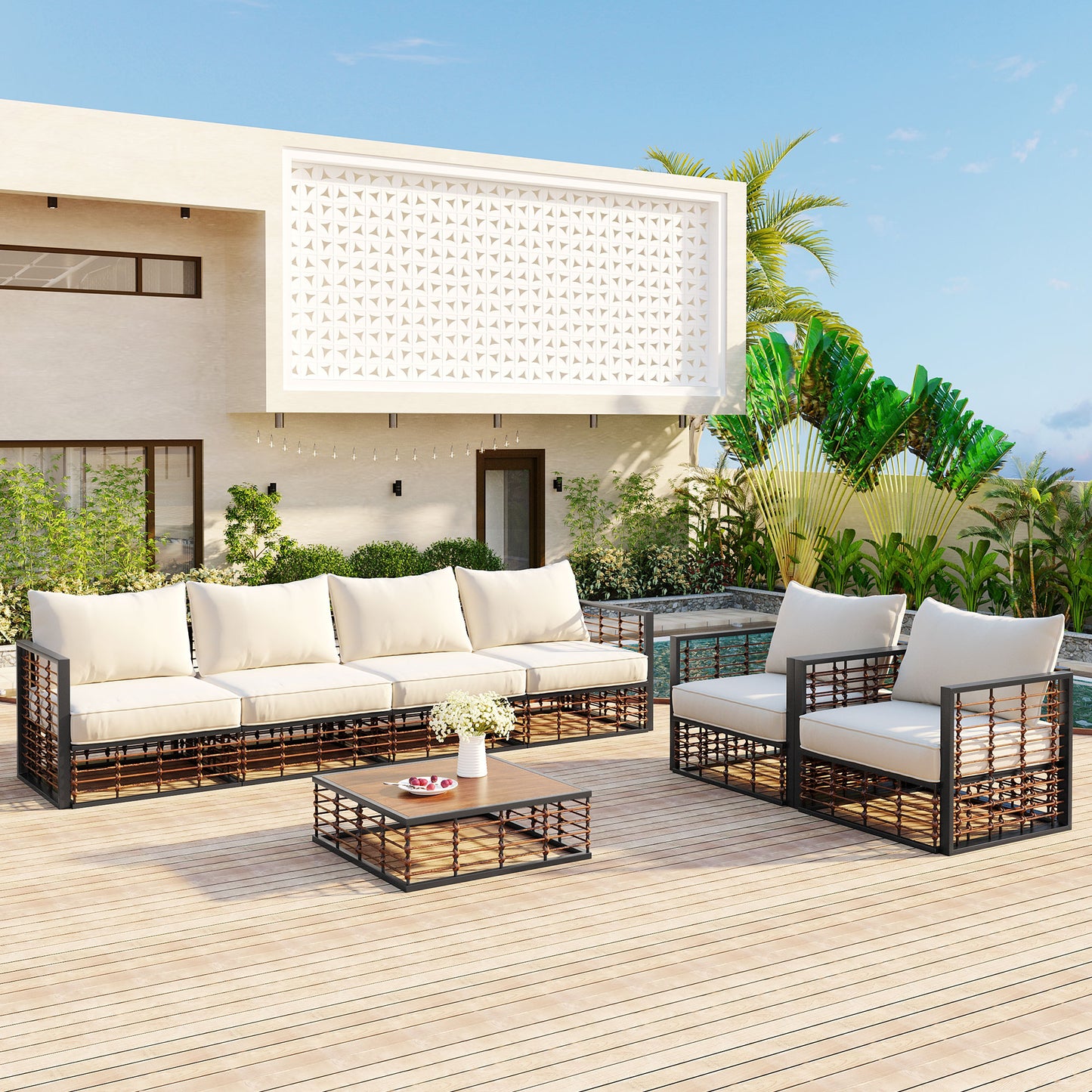 TOPMAX Modern Minimalist 7-Piece Metal Patio Sectional Sofa Set, All-Weather Garden Conversational Furniture Set with Thick Cushions and Coffee Table for Indoor Outdoor, Dark Grey image 1