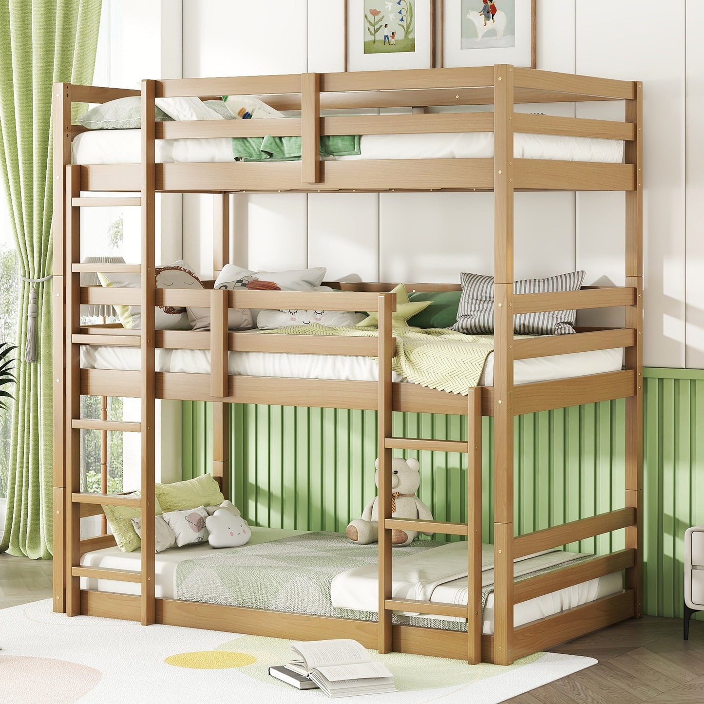 Triple Rubber Wood Bunk Bed with Two Built-in Ladders, Guardrails, Twin over Twin over Twin, Detachable Triple Twin Bunk Bed,Natural image 9
