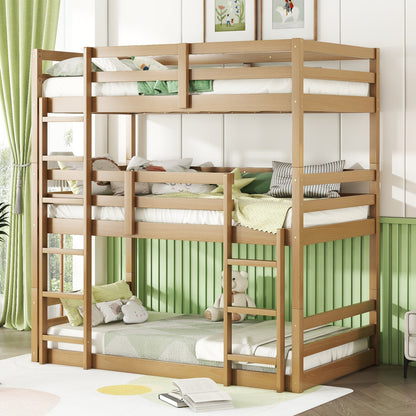 Triple Rubber Wood Bunk Bed with Two Built-in Ladders, Guardrails, Twin over Twin over Twin, Detachable Triple Twin Bunk Bed,Natural image 9
