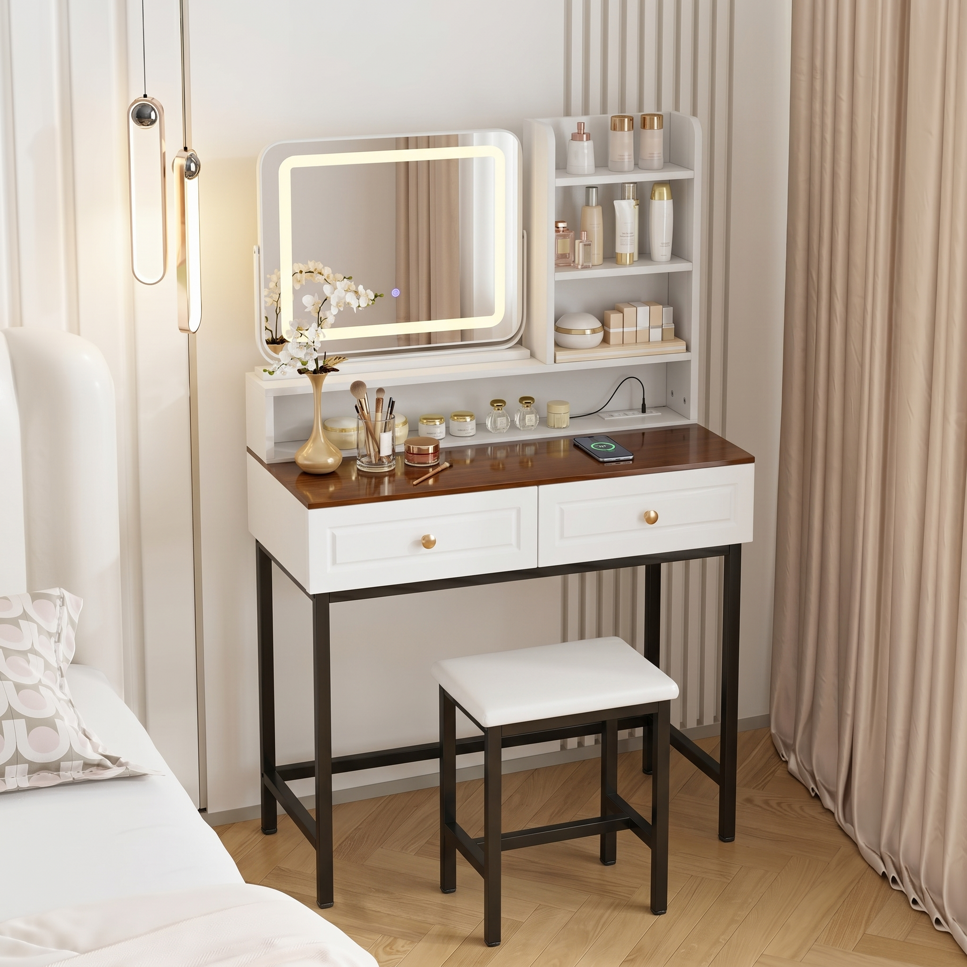 Makeup Vanity with LED Lighted Mirror, 360° Rotatable Mirror, Vanity Desk with 2 Drawers,Power Outlet and 3-Tier Shelves, Amber Glass Table Top, Dressing Table with Sturdy Metal Leg and Stool, White image 2