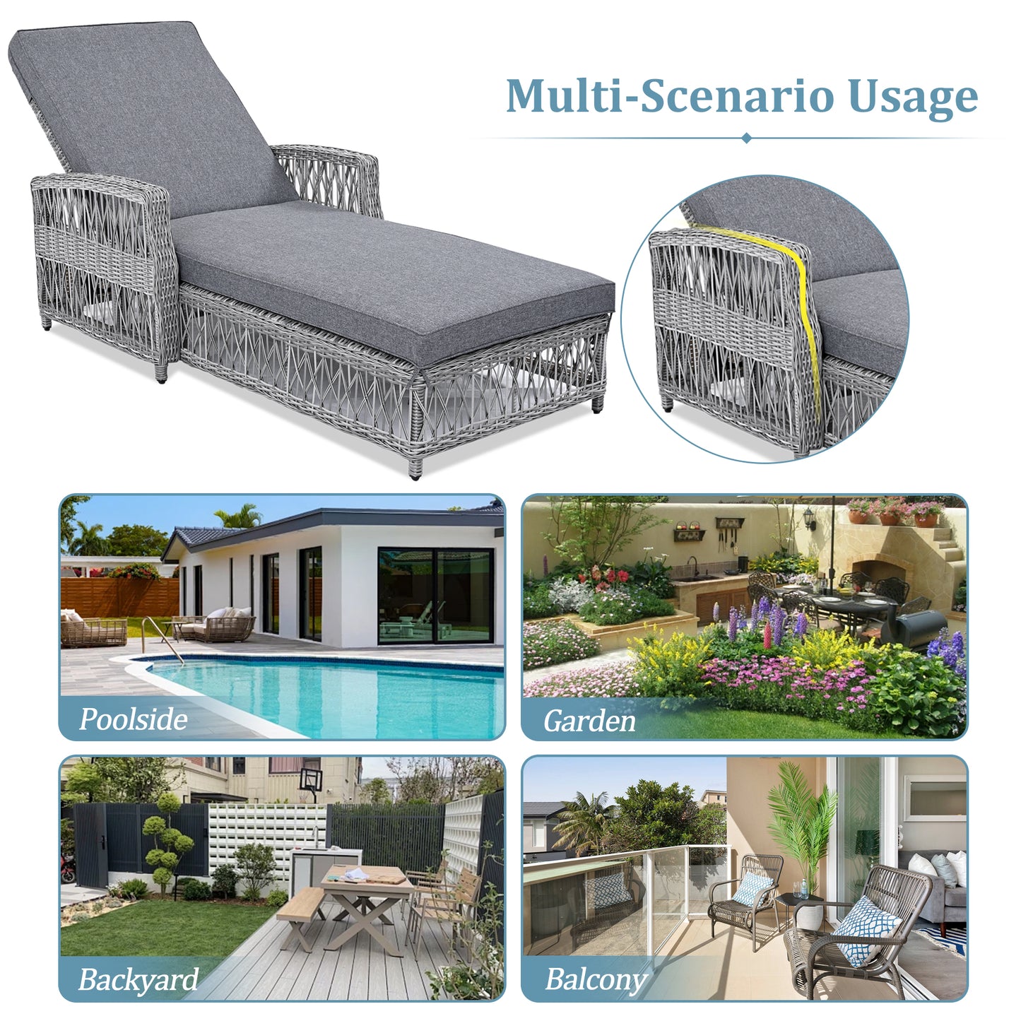 GO Outdoor Long Reclining Chaise, Wicker Lounge with Armrests, Patio Adjustable Recliner with Soft Removable Cushions, All Weather Rattan Pool Lounge for Poolside & Garden, Gray image 6