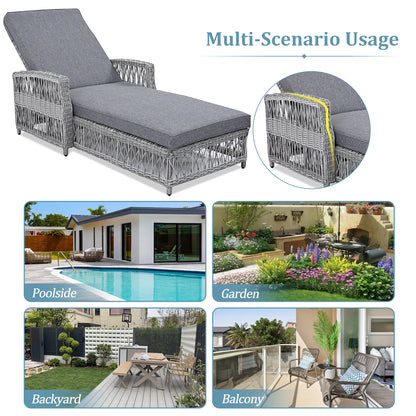 GO Outdoor Long Reclining Chaise, Wicker Lounge with Armrests, Patio Adjustable Recliner with Soft Removable Cushions, All Weather Rattan Pool Lounge for Poolside & Garden, Gray image 6