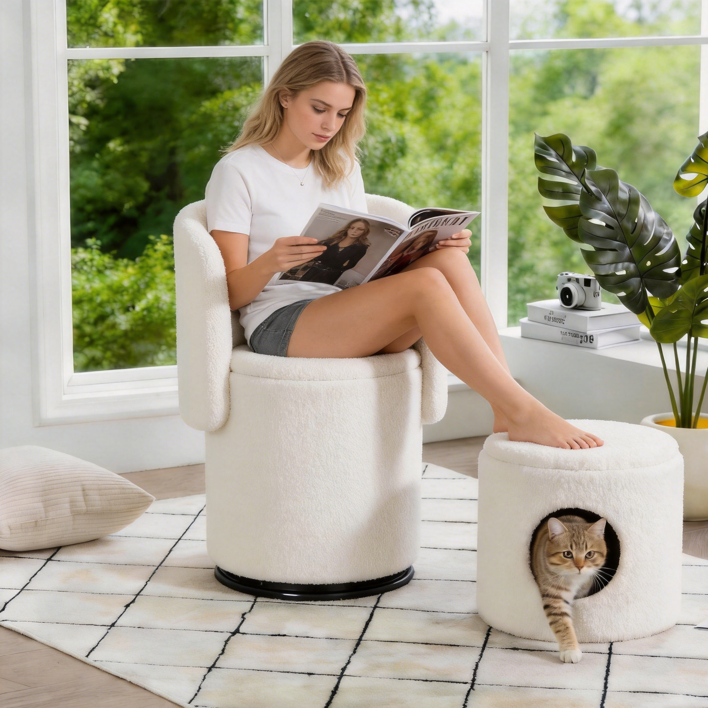 Stylish Upholstered Barrel Chair: 360° Swivel Vanity Stool for Bedroom & Dining Chair, Built-in Storage, Soft Padded Accent Seat, Multi-Functional for Dressing/Dining, Free Cat Bed Stool Included, image 1