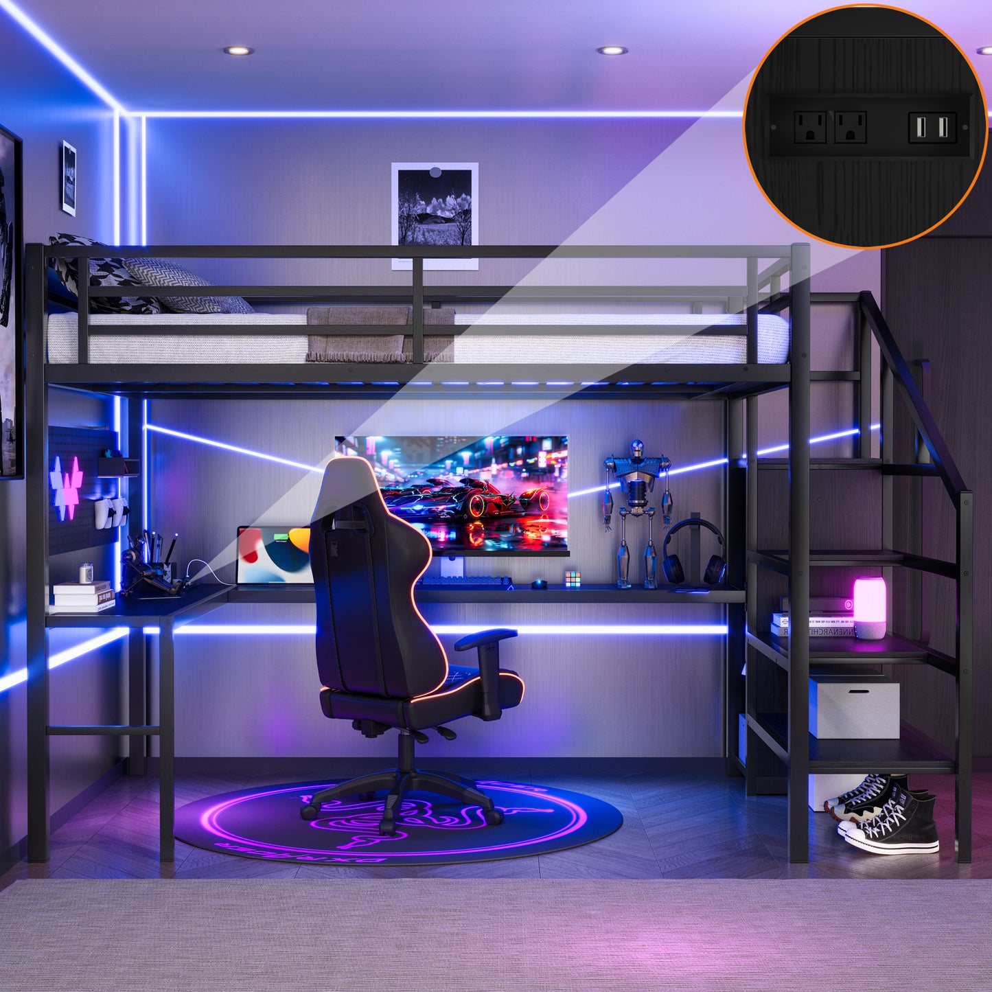 Full XL Size Loft Bed with L-shaped Desk and USB, Metal Loft Bed with Wardrobe and Adjustable Shelf, High Loft Bed with LED for Kids Teens Adults, Black image 1