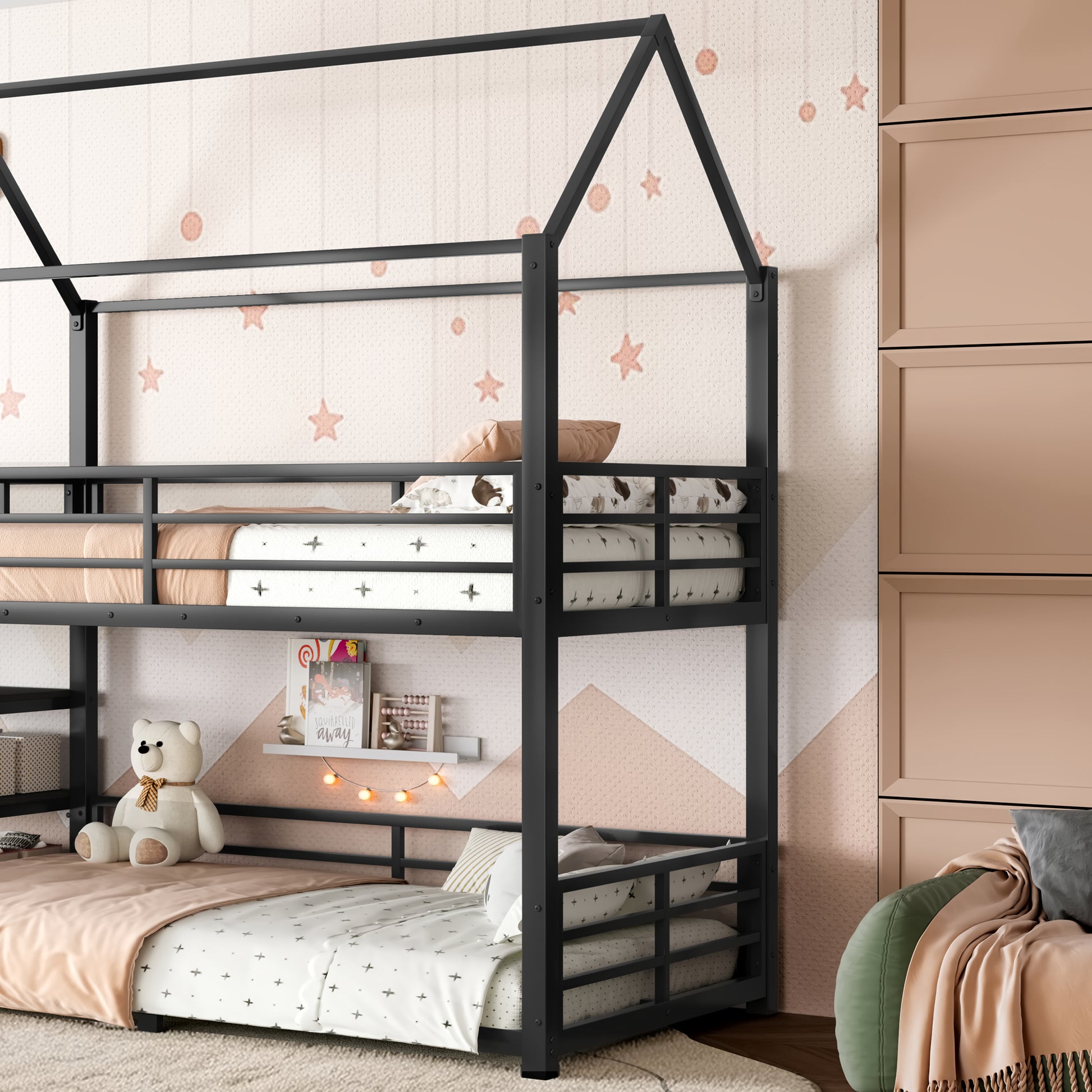 Twin metal House Bunk Bed with Storage Stairs, Slide, Safety Rails, Black image 6