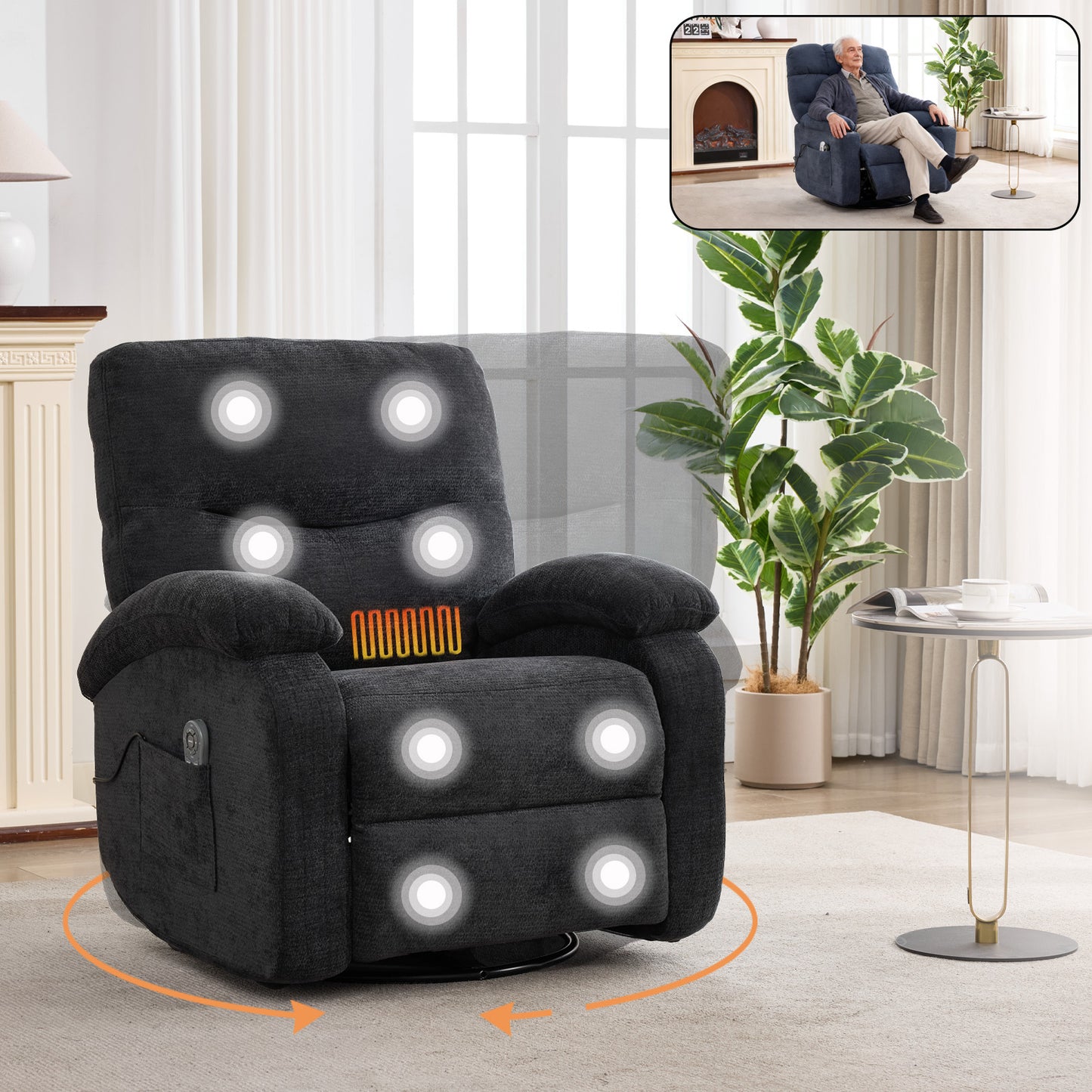 Hot massage manual lounge chair, with rocker arms and rotating fabric, with cup bucket, for living room, black image 1